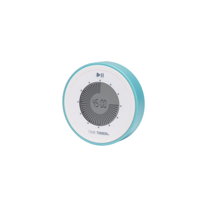 A round, teal and white Time Timer® Twist (Lake Day Blue) digital countdown timer displays 45:00, with a circular countdown indicator and play/pause icons above the screen. This magnetic timer is branded TIME TIMER.