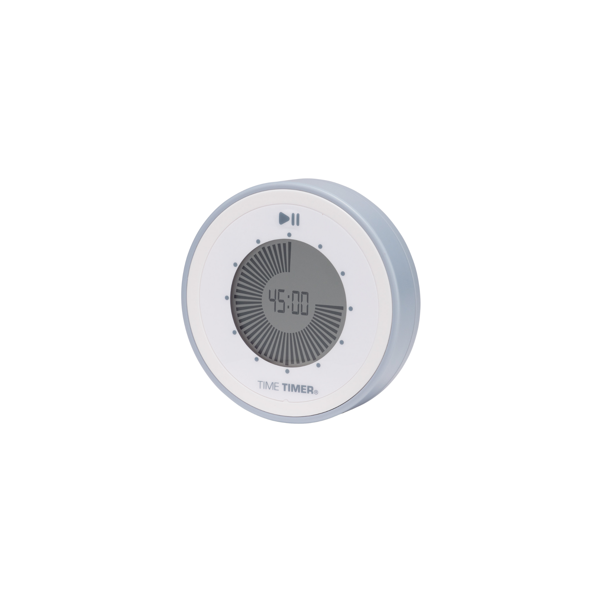 The Time Timer Twist (Pale Shale) by Time Timer is a round digital timer with a white frame, gray display showing 45:00, play/pause symbol on top, and "TIME TIMER TWIST" at the bottom.
