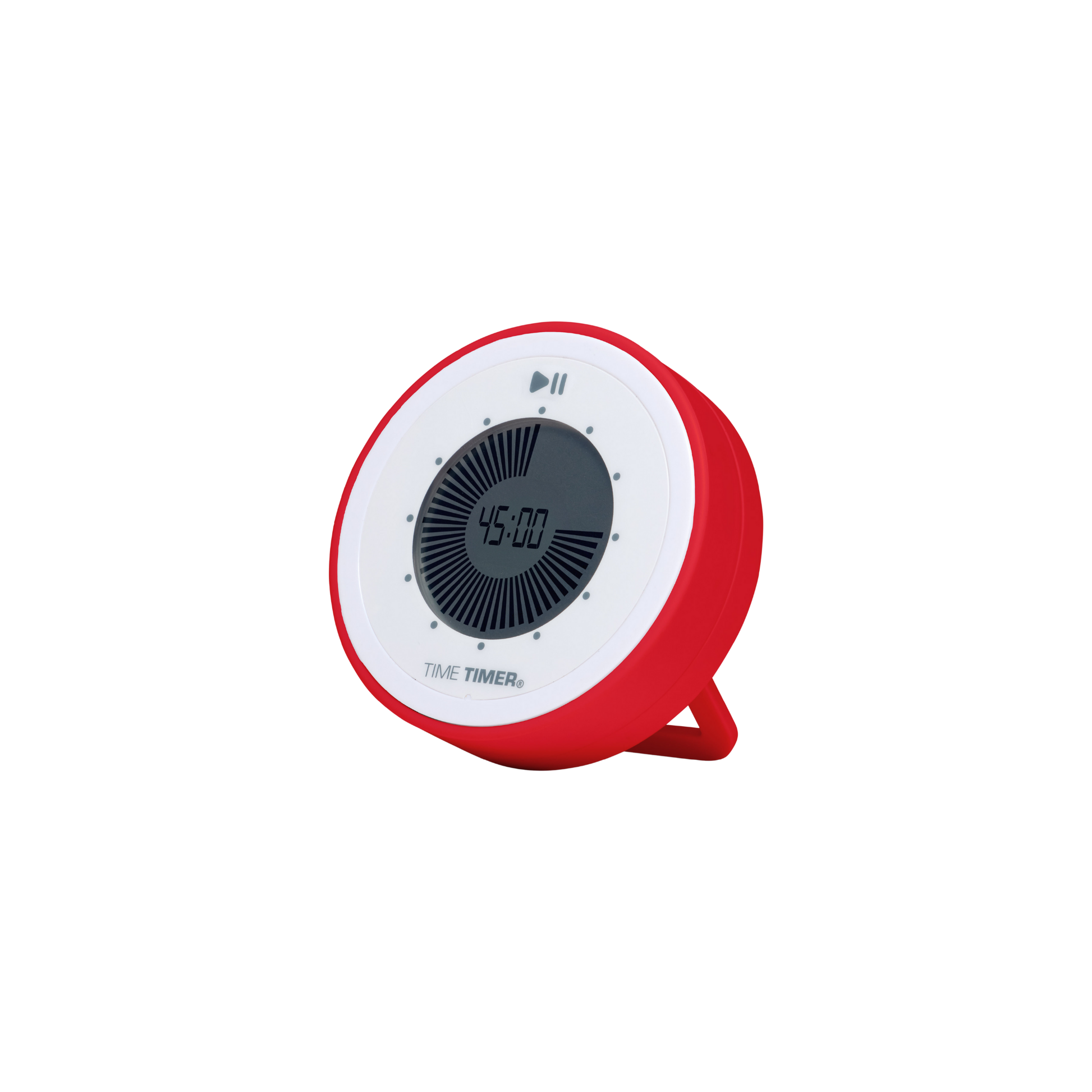 The Time Timer Twist with Kickstand (Red) by Time Timer features a round design, red casing, white face, and black digital display set to 45:00. It stands upright with a built-in stand and "TIME TIMER" is printed at the bottom—great for time management.