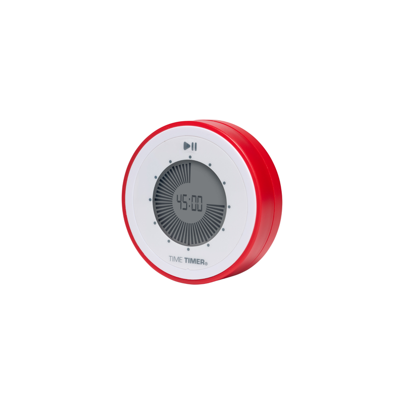 The Time Timer Twist with Kickstand (Red) by Time Timer is a red and white magnetic visual timer with a circular 45:00 display, play/pause icons above the screen, and the brand logo below. Ideal for efficient time management. Plain white background.
