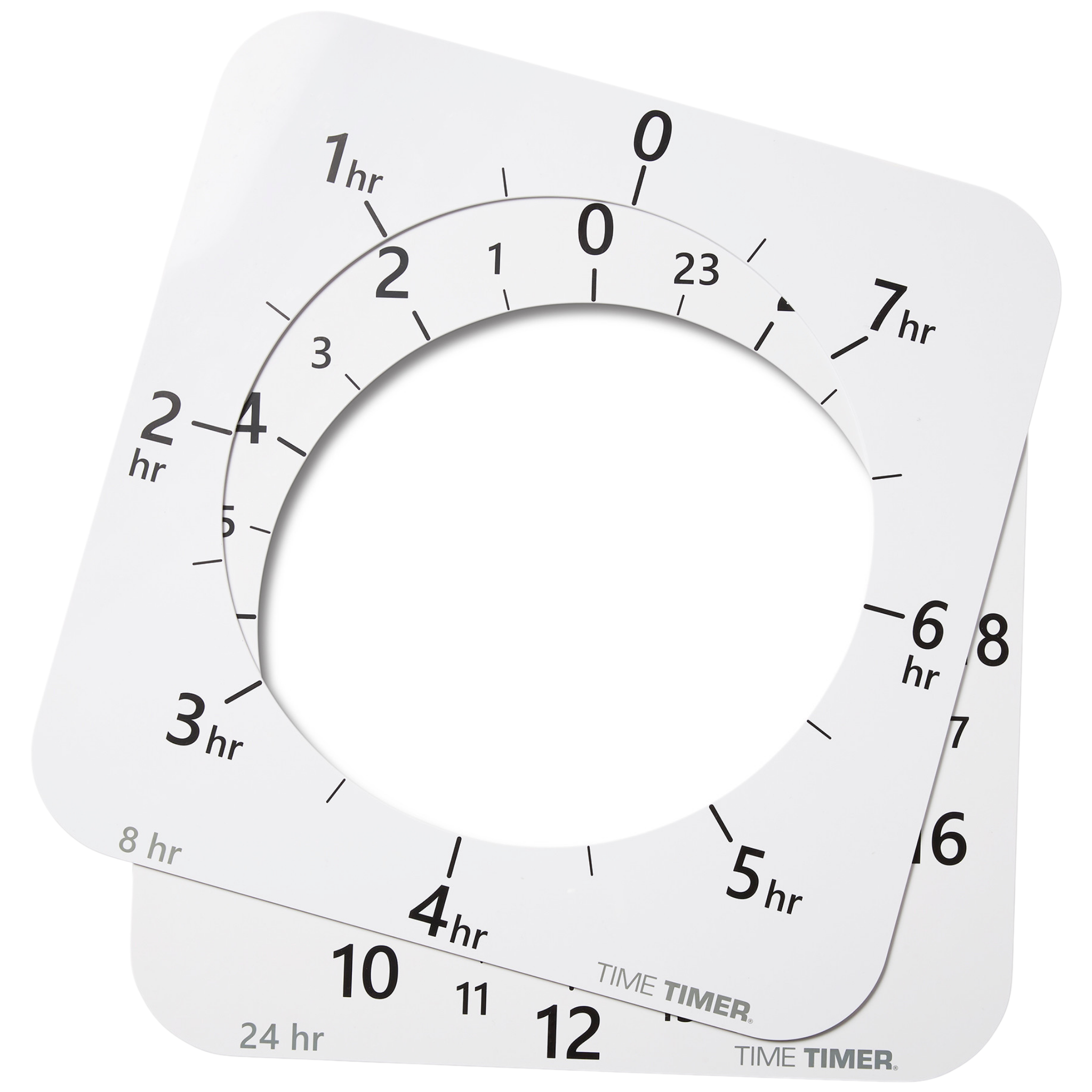 The Time Timer MAX Face Accessory (2 Faces) by Time Timer includes two white plastic square faces with black numbers, tick marks, large central cutouts, and rounded corners; designed as replacement faces for the Time Timer MAX. No clock hands included.