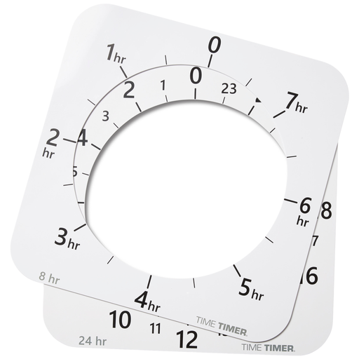 The Time Timer MAX Face Accessory (2 Faces) by Time Timer includes two white plastic square faces with black numbers, tick marks, large central cutouts, and rounded corners; designed as replacement faces for the Time Timer MAX. No clock hands included.