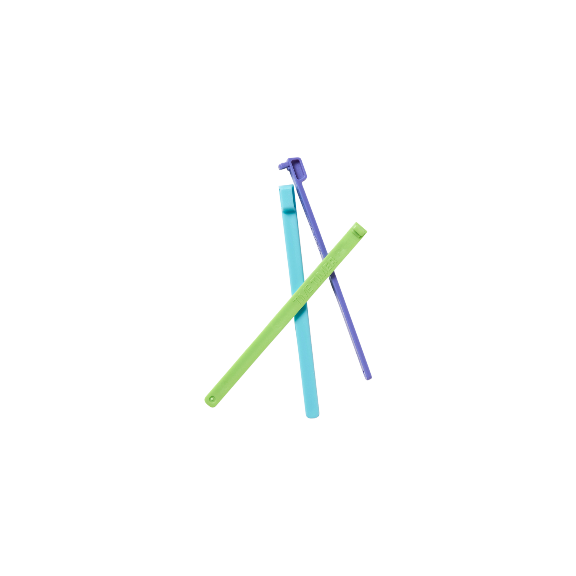 Three Time Timer MAX Extra Set Markers in green, blue, and purple from Time Timer are arranged in a triangular formation on a white background—an eco-friendly choice that may be eligible for NDIS funding.