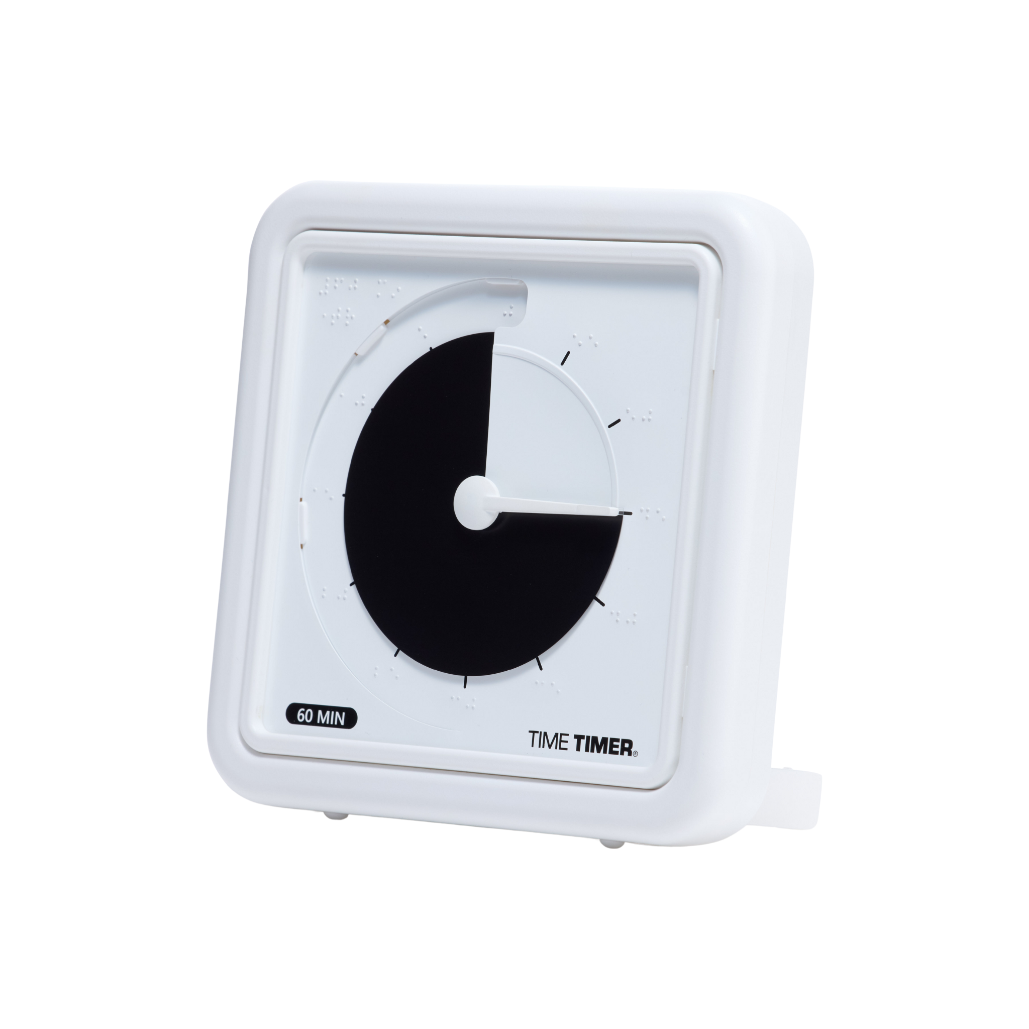 The Time Timer Braille (8 Inch) by Time Timer features a white square tactile timer on a built-in stand, displaying about 40 minutes left with a black disk—an assistive tool designed for accessibility.