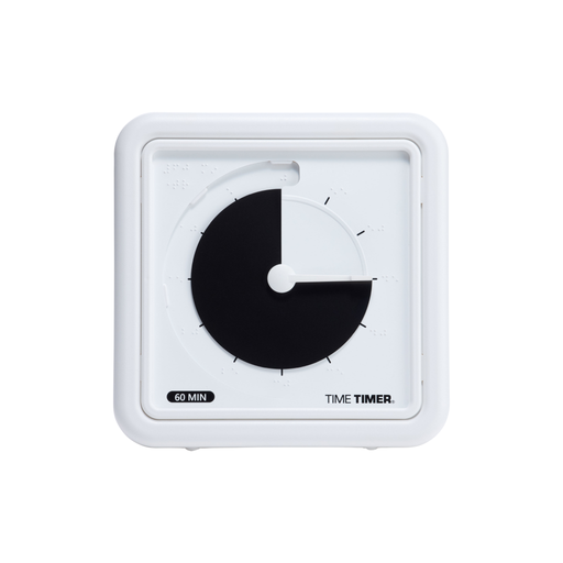 The Time Timer Braille (8 Inch) by Time Timer features a white square face, a black disk showing 30 minutes left, and Braille labeling. This assistive timer offers an easy way to manage time with its clear display and accessible design.