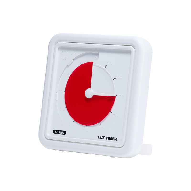 The Time Timer Braille (8 Inch) by Time Timer is a white, square tactile timer with a red disk showing 25 minutes left. It features braille labeling for accessible use.