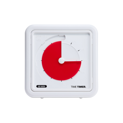 The Time Timer Braille (8 Inch) by Time Timer is a white square assistive technology timer with a red disk showing elapsed time, 20 minutes remaining, braille markings, and the label "TIME TIMER" at the bottom right.