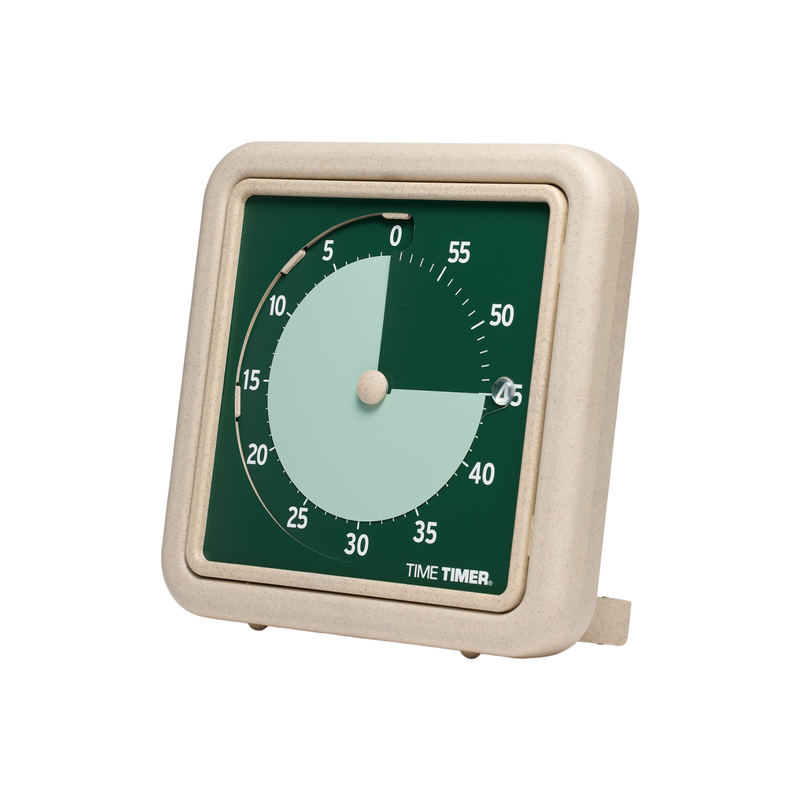 The Time Timer Retro Eco (8 Inch) [Land/Green] by Time Timer is a square visual timer with a green face, beige frame, and clear 0-60 countdown showing around 45 minutes left. The timer is tilted slightly to the left.