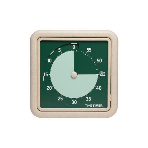 The Time Timer Retro Eco (8 Inch) by Time Timer features a square beige frame with a green face, highlighting 45 minutes in pale green. Numbers around the dial mark each 5-minute interval for eco-friendly, easy time tracking.