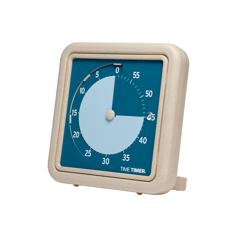 The Time Timer Retro Eco (8 Inch) [Water/Blue] by Time Timer is a square visual timer with a beige frame, blue face, and a white countdown area showing about 35 minutes left. The brand's logo appears at the bottom right.