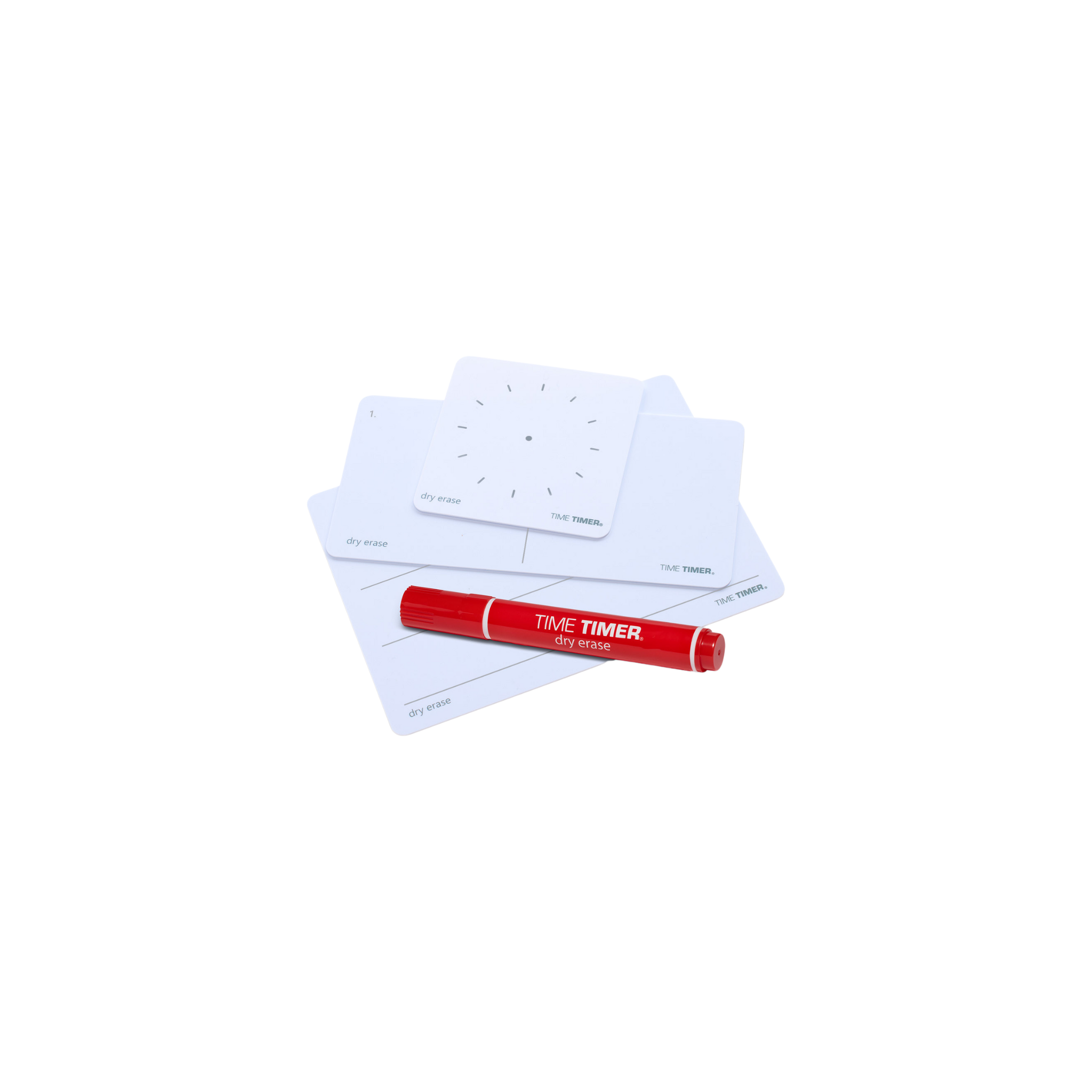 The Time Timer Accessory - Activity Cards by Time Timer includes three white square dry erase cards with different printed templates and a red dry erase marker.