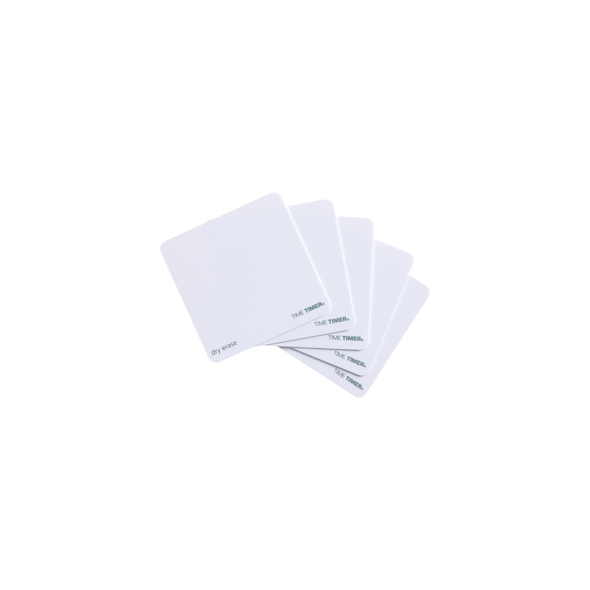 Five overlapping white Time Timer Dry Erase Activity Cards (5 Pack) by Time Timer are fanned out on a white background, each featuring small text in the lower right corner—ideal for task management or visual timers.