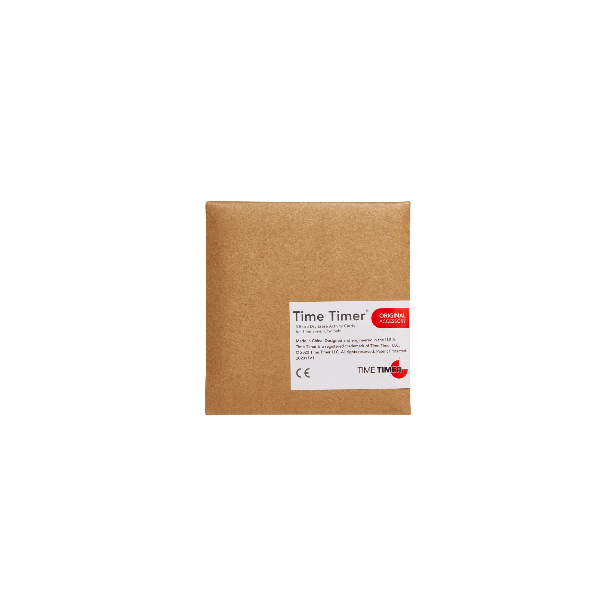 A brown cardboard package with a white label shows the Time Timer logo, product name "Time Timer Dry Erase Activity Card (5 Pack)", brand details, and certifications—ideal for task management with visual timers like Time Timer.