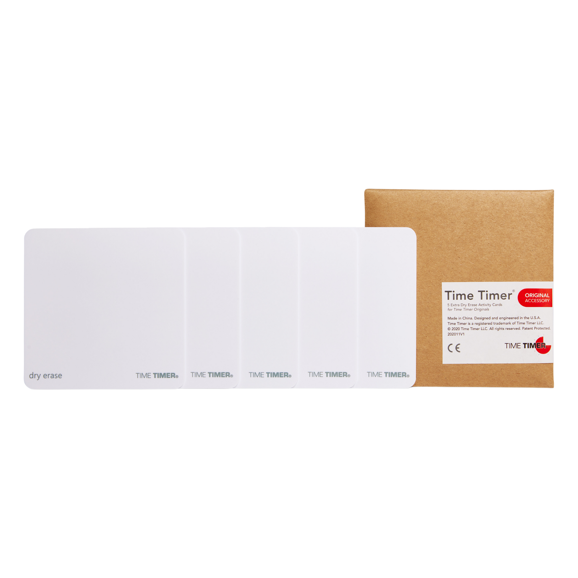 The Time Timer Dry Erase Activity Card (5 Pack) by Time Timer includes five blank cards, perfect for use with visual timers to support task management and daily planning. The set comes in a branded brown box.