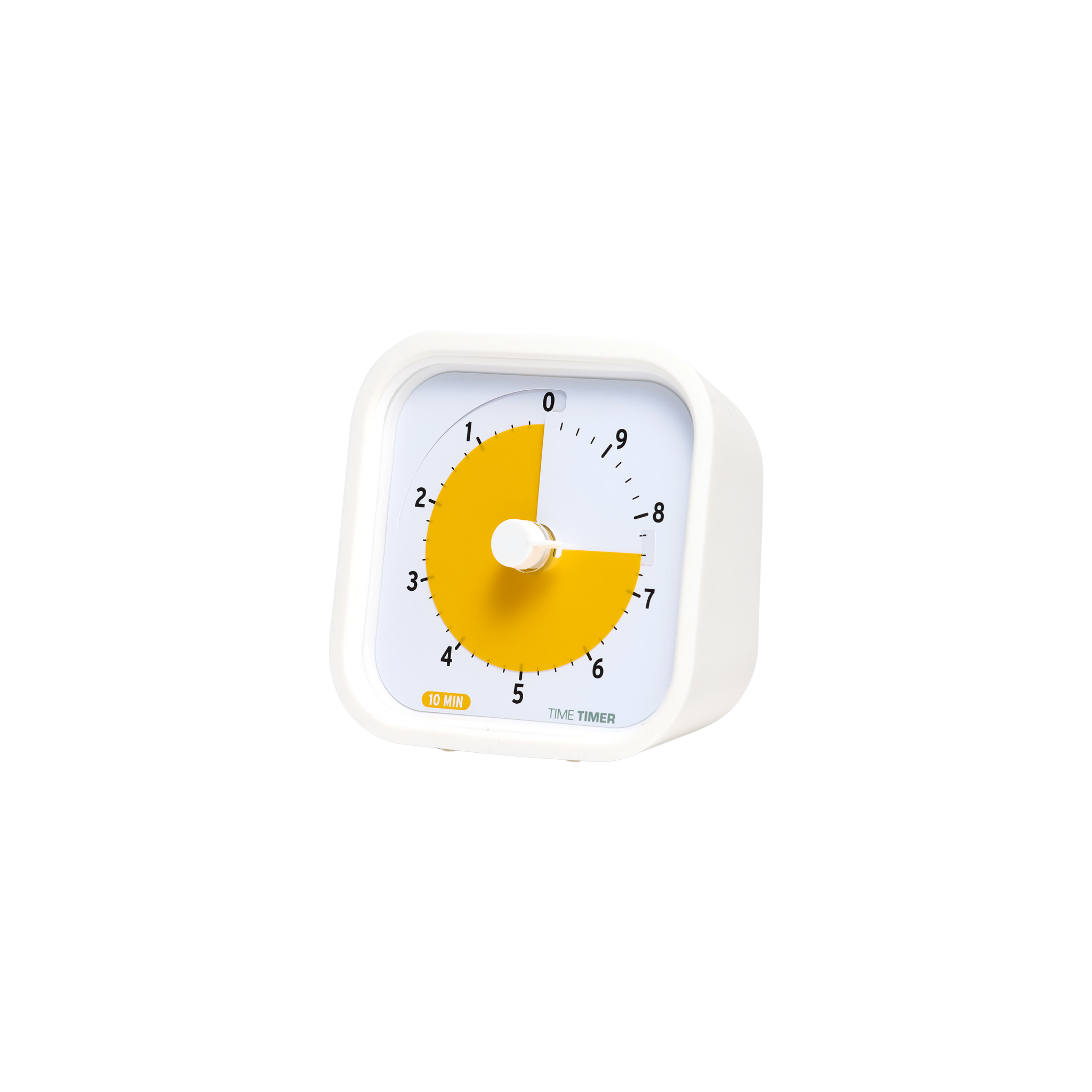 The Time Timer MOD Education (10 Min) by Time Timer features a white, square design with rounded corners and a yellow disk displaying elapsed time on a 0–9 minute dial. Perfect for classrooms, it stands out against a white background.