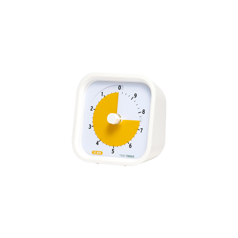The Time Timer MOD [White] (10 Min) by Time Timer is an easy-to-read analog timer with black numbers and hands, and a yellow section indicating time left—ideal for education use against a plain white background.