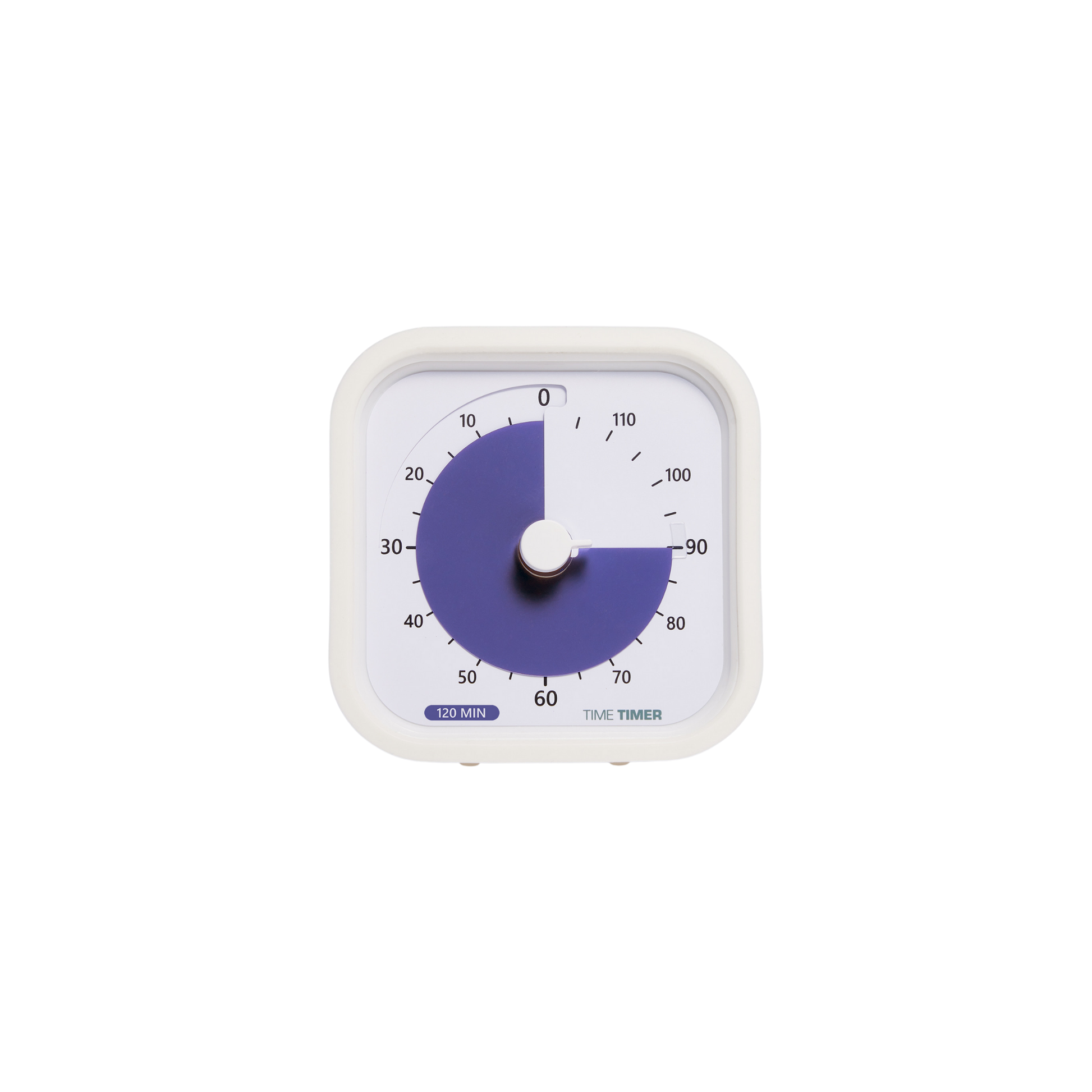 The Time Timer MOD Education (120 min) by Time Timer is a white square timer set to 60 minutes, with a purple section showing remaining time. Its face displays numbers from 0 to 120 in intervals of 10 for easy visual time management.