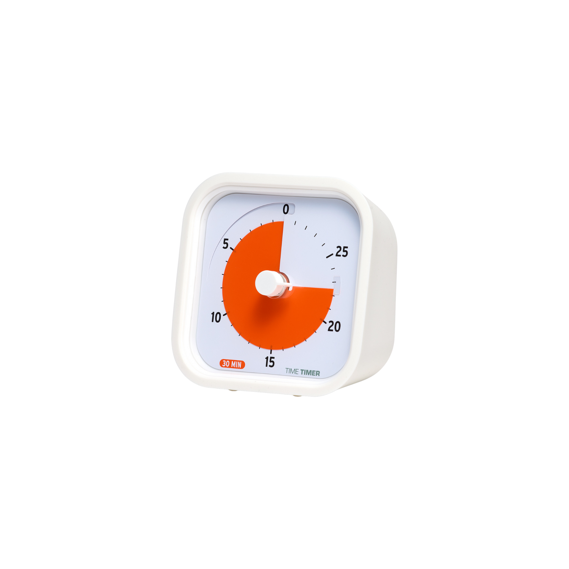 The Time Timer MOD Education (30 min) by Time Timer is a white square visual countdown timer with a red disc showing 15 minutes left. Black numbers in 5-minute increments from 0–30 are printed around the edge for easy time management.