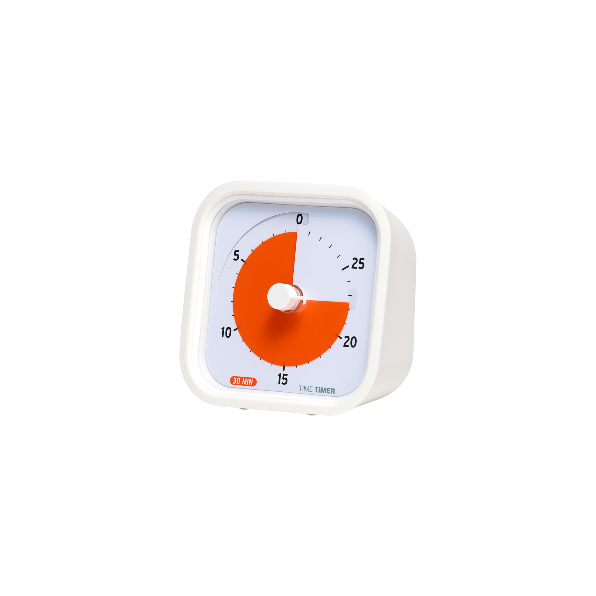 The Time Timer MOD Education (30 min) by Time Timer is a white square visual countdown timer with a red disc showing 15 minutes left. Black numbers in 5-minute increments from 0–30 are printed around the edge for easy time management.