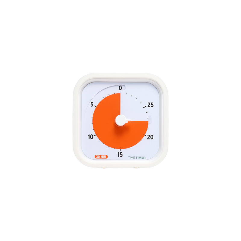 The Time Timer MOD [White] (30 Min) by Time Timer features a white square design and orange display, showing 15 minutes left out of 30. Numbers at 5-minute intervals on the dial make time management simple and clear.