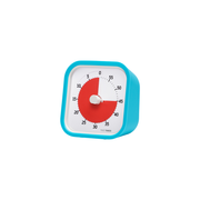 The Time Timer MOD [Sky Blue] by Time Timer is a blue square visual timer with a white face, black numbers, and a red section showing 25 minutes left. It has a central knob and is set against a white background.