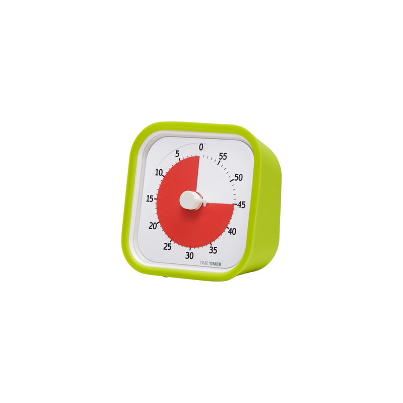 The Time Timer MOD [Lime Green] by Time Timer is a square, green portable 60-min timer with a white face, black numbers, central white knob, and red visual countdown shown here set to about 35 minutes.