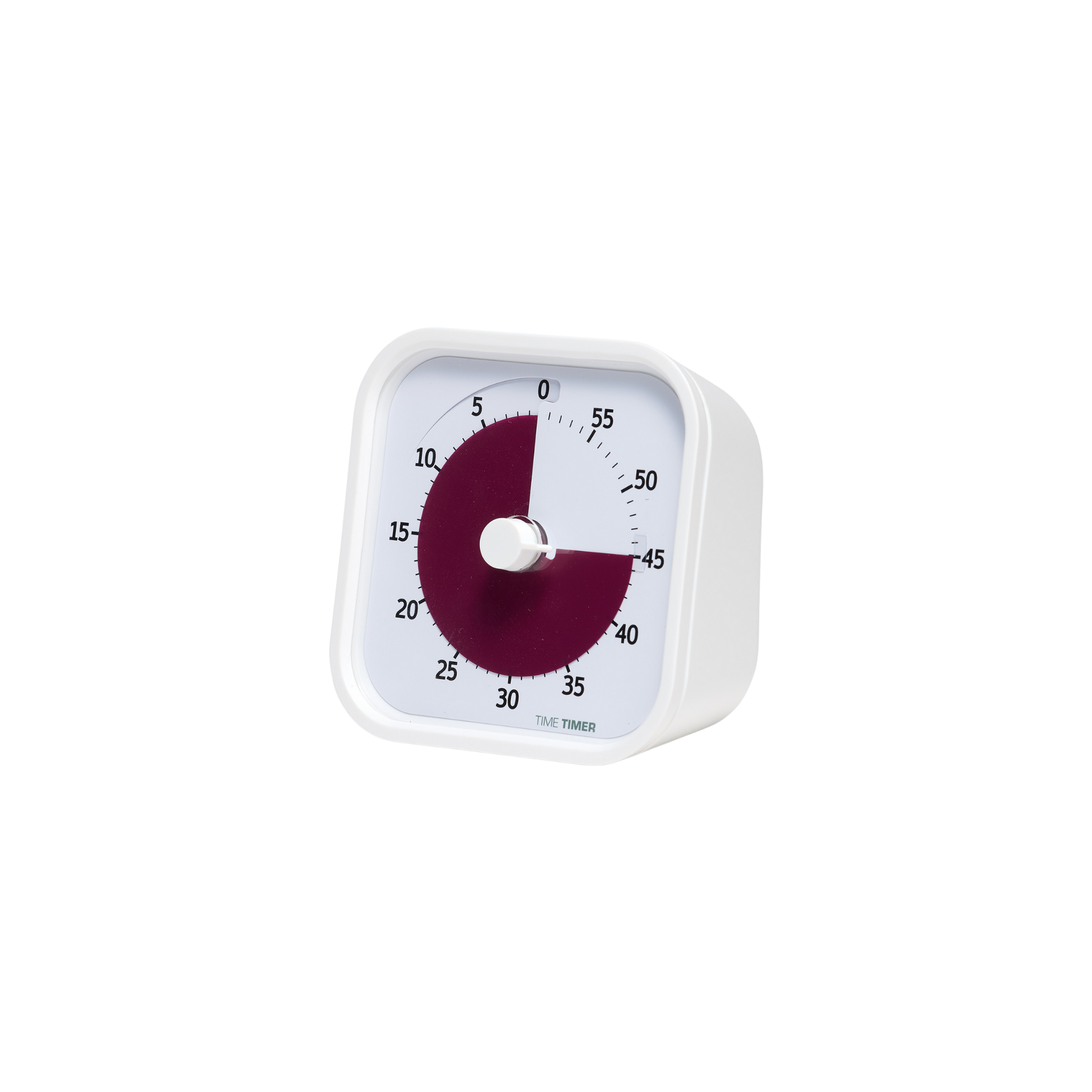 The Time Timer MOD - Home Edition [Cottonball White] (60 min) by Time Timer is a white square visual timer, showing 30 minutes left with a maroon section for remaining time and black numbers on a white face—ideal for managing routines.