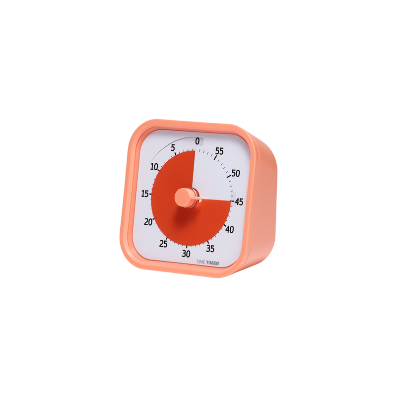 The Time Timer MOD - Home Edition [Dreamsicle Orange] (60 min) by Time Timer is a square orange visual timer with a white face, black numbers, and a red 25-minute countdown section, shown angled right on a white background—ideal for kids’ routines.