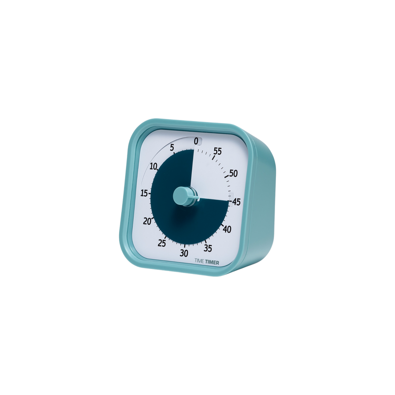 The Time Timer MOD - Home Edition [Lake Day Blue] (60 min) by Time Timer is a blue, square visual timer with a white face, black numbers, and a black countdown section. The display shows about 15 minutes left.