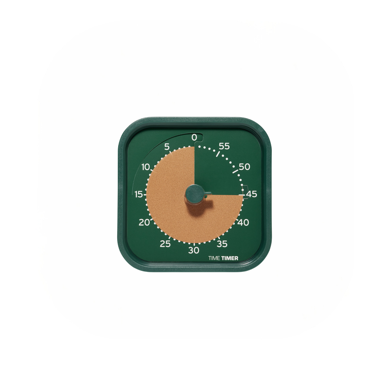 The Time Timer MOD - Home Edition [Metallic Forest] by Time Timer is a green square visual timer with a circular face showing a tan section for up to 60 minutes—perfect for tracking remaining time and supporting executive functioning.