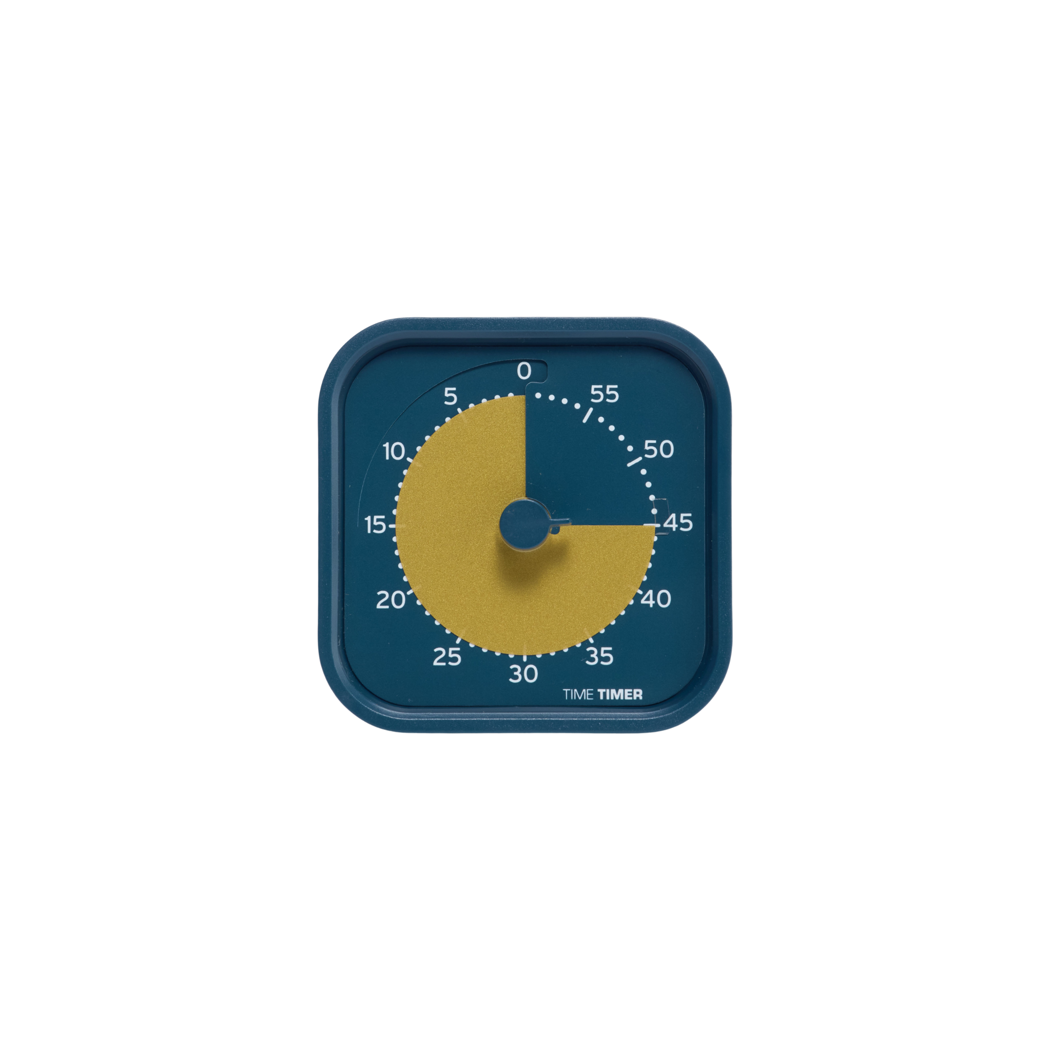 The Time Timer MOD - Home Edition [Metallic Midnight] by Time Timer is a blue, square visual countdown timer showing about 25 minutes left with a yellow section and "TIME TIMER" at the bottom right on a white background.