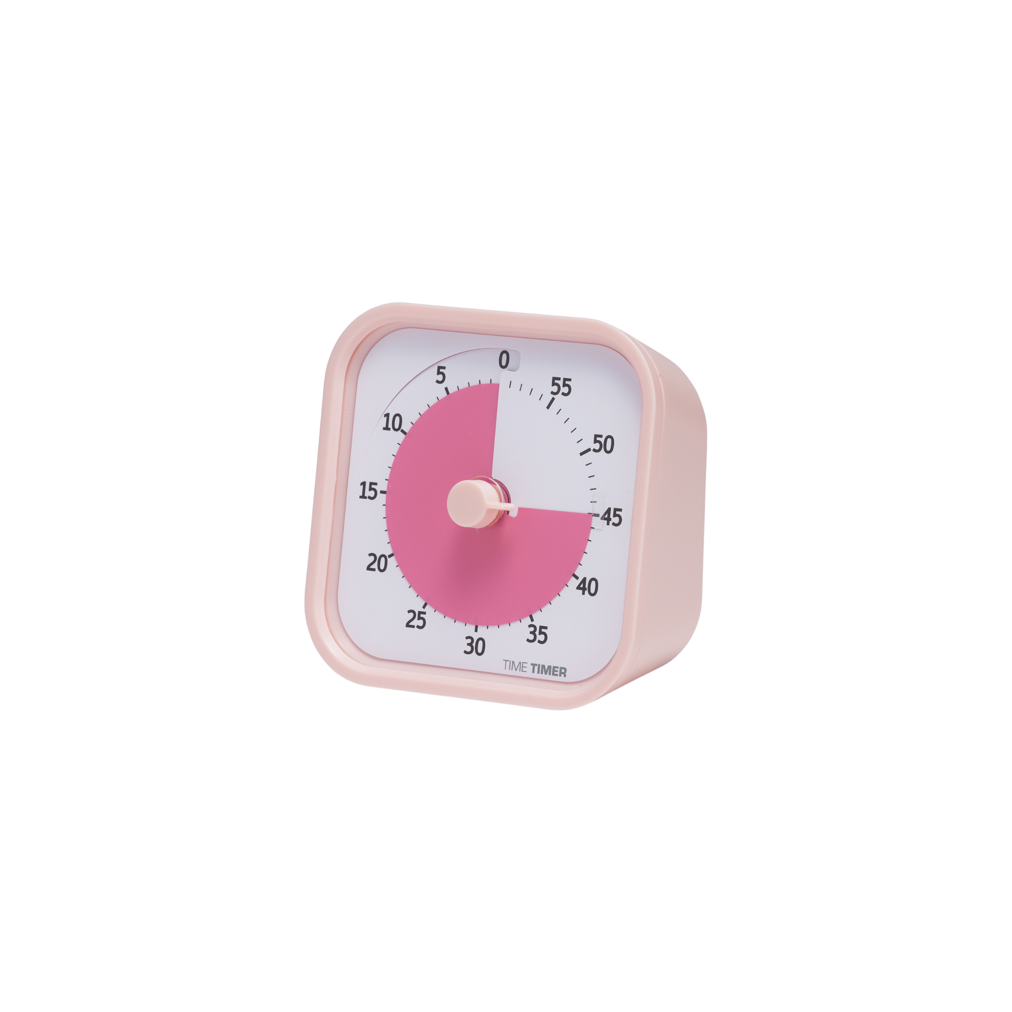 The Time Timer MOD - Home Edition [Peony Pink] (60 min) by Time Timer is a pink square visual timer with a white face, black numbers, and pink dial set to 20 minutes, angled right on a white background.