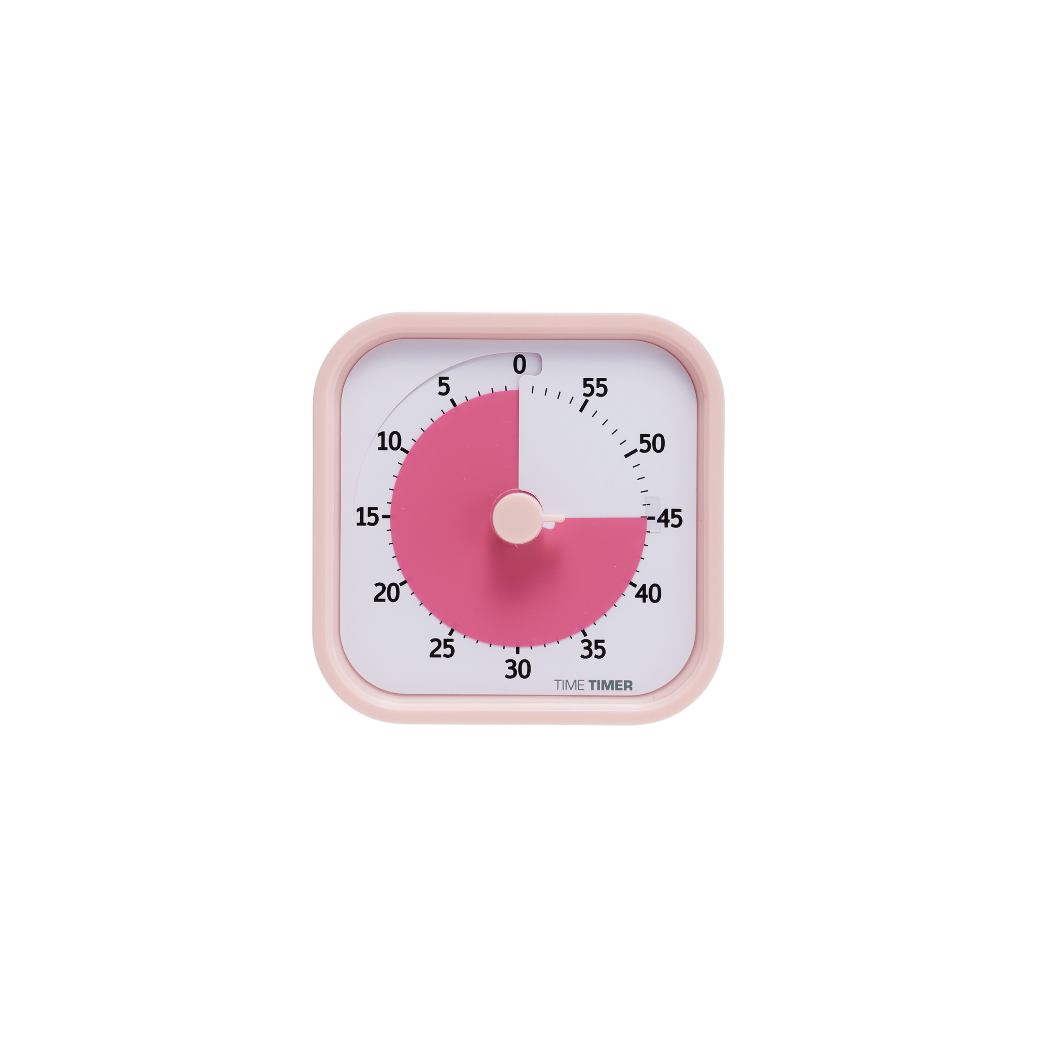 The Time Timer MOD - Home Edition [Peony Pink] (60 min) by Time Timer features a square frame, a clear pink disk to show remaining time, and bold black numbers in 5-minute increments on a clean white face.