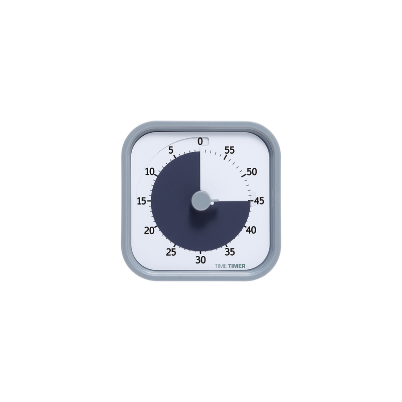 A square visual countdown timer, the Time Timer MOD - Home Edition [Pale Shale Grey] (60 min) by Time Timer, set to 20 minutes with a black section showing remaining time on a white background with black numbers and markings.