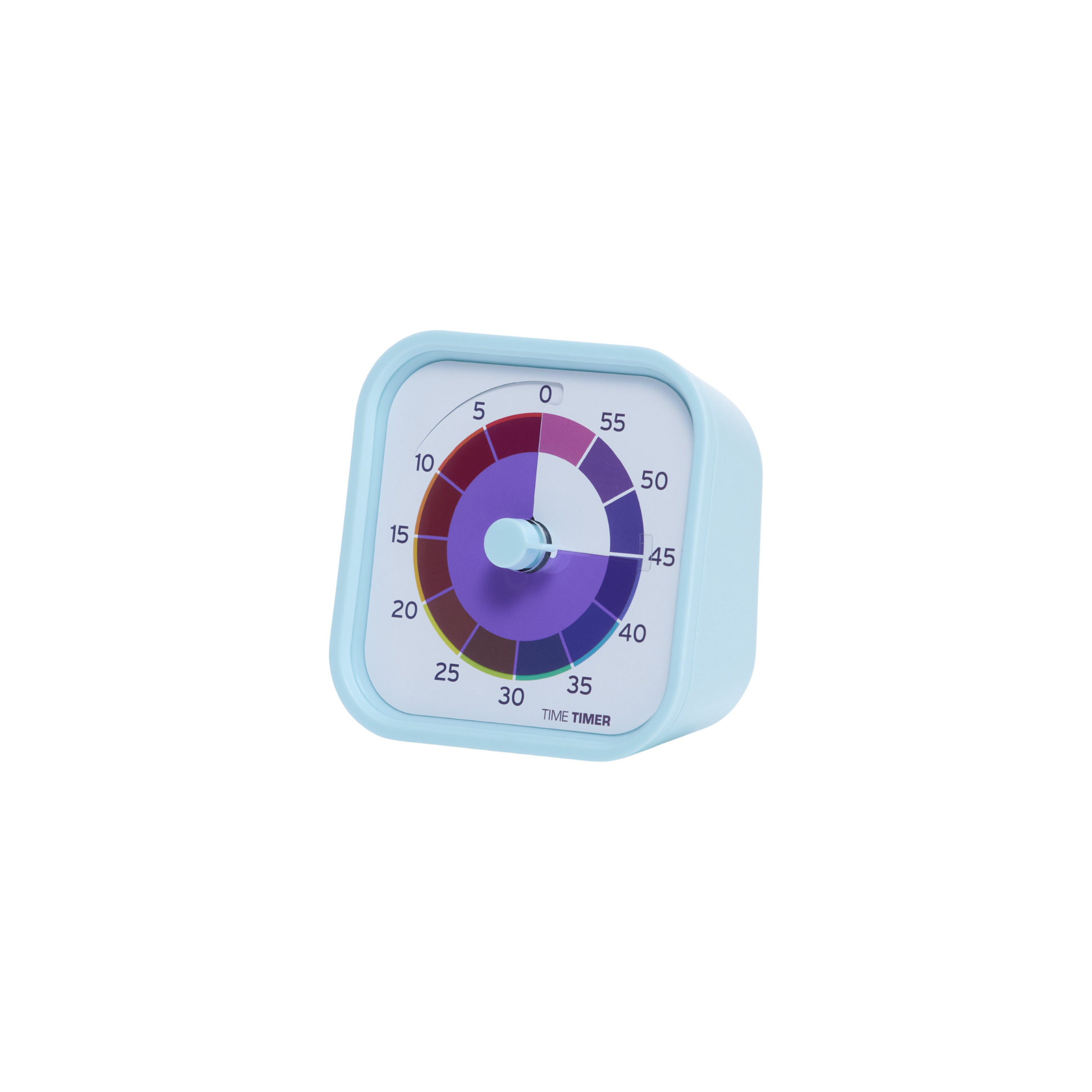 The Time Timer MOD - Home Edition [Rainbow Wheel] by Time Timer features a blue square design with a central knob and a vibrant segmented dial (0–60 min) in red, purple, and dark violet—ideal for autism support.