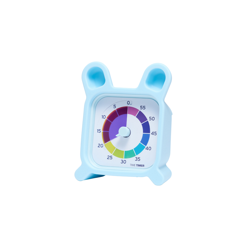 The Time Timer MOD + Protect Case – Bunny by Time Timer is a visual timer with rainbow segments, bunny ear-shaped silicone handles, and a circular dial marked from 0 to 60 minutes.