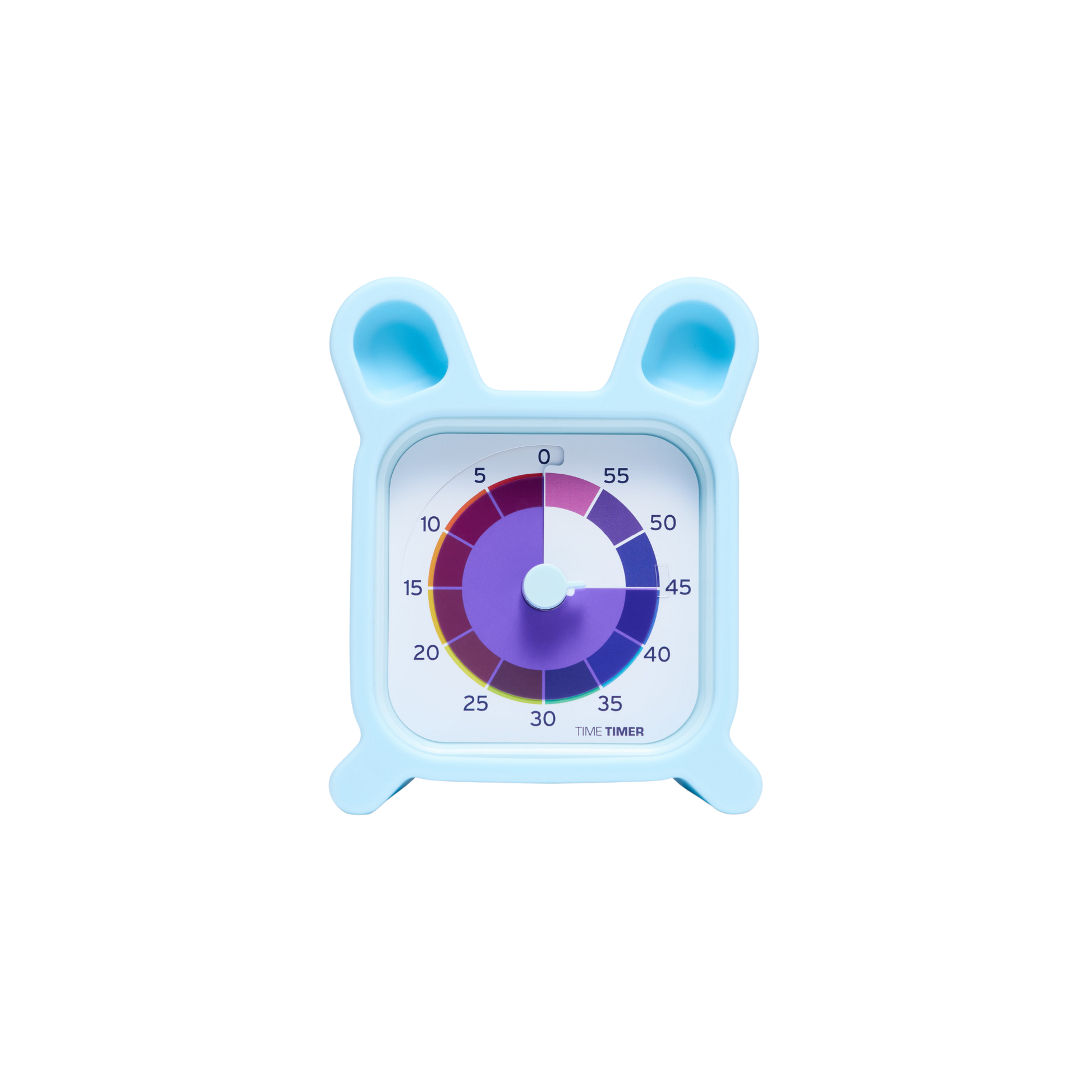 The Time Timer MOD + Protect Case – Bunny (60 min) by Time Timer features a light blue timer with a bunny silicone case and a colorful visual disk in purple, pink, and yellow, marked from 0 to 55 minutes.