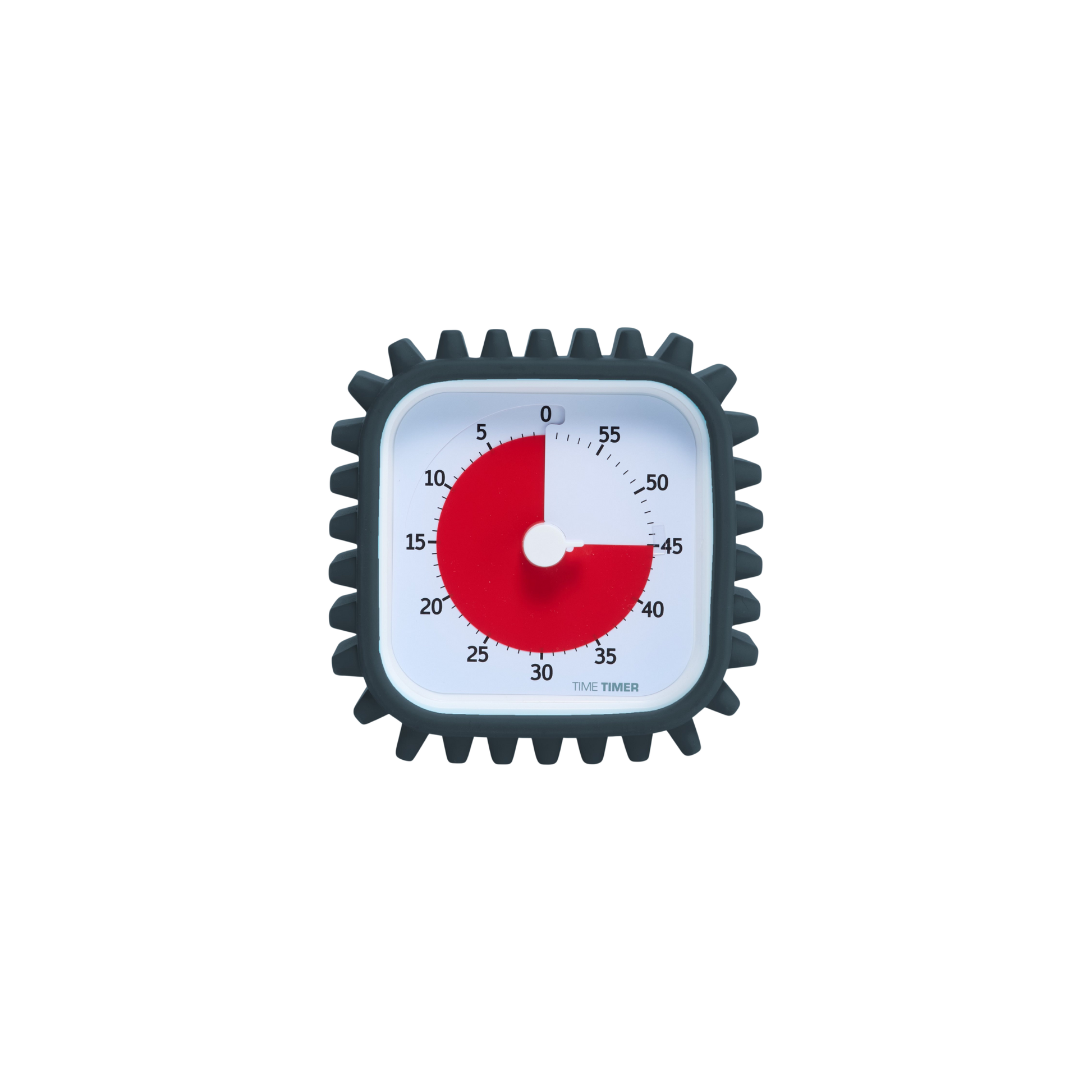 The Time Timer MOD + Protect Case – Tread (60 min) by Time Timer features a square visual timer with a shock-absorbing, gear-like black frame and a crisp white face. Black numbers stand out, while the red disk clearly shows 30 minutes left.