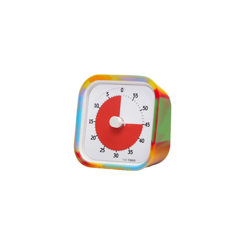 The Time Timer MOD [Tie Dye] by Time Timer is a colorful, square visual timer with a white face, black numbers, a red dial set to 35 minutes, and a silicone case in yellow, blue, and green—ideal for time management.