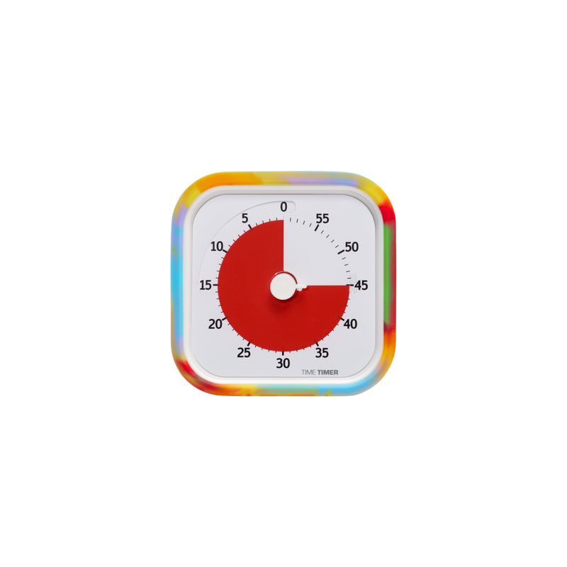 The Time Timer MOD [Tie Dye] by Time Timer is a 60-minute visual timer with a silicone case, white face, and multicolored border. Its red disk clearly displays remaining time, making it an effective tool for time management.