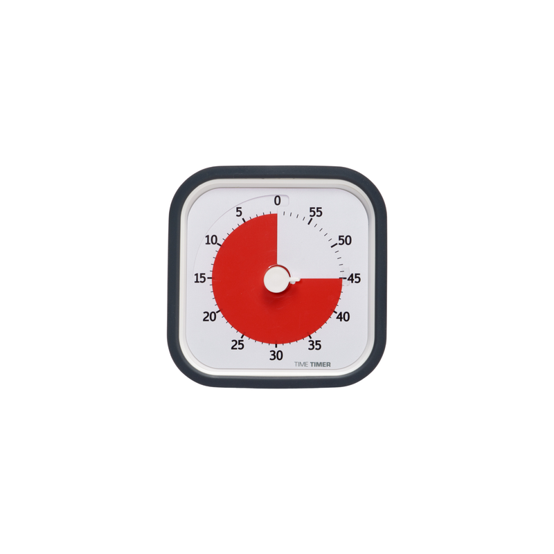 The Time Timer MOD [Charcoal] by Time Timer is a square 60-minute visual timer with a black frame and white face, showing 35 minutes left in red. Numbers are marked every 5 minutes, making it a portable tool for effective time management.