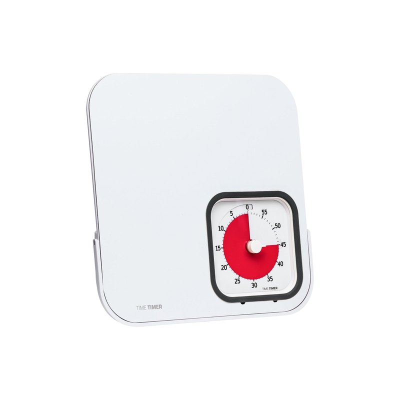 The Time Timer MOD by Time Timer is a square white 60-minute visual timer with a red disk showing 40 minutes left, shown upright on a white magnetic dry erase board—ideal for time management and pairing with your whiteboard.