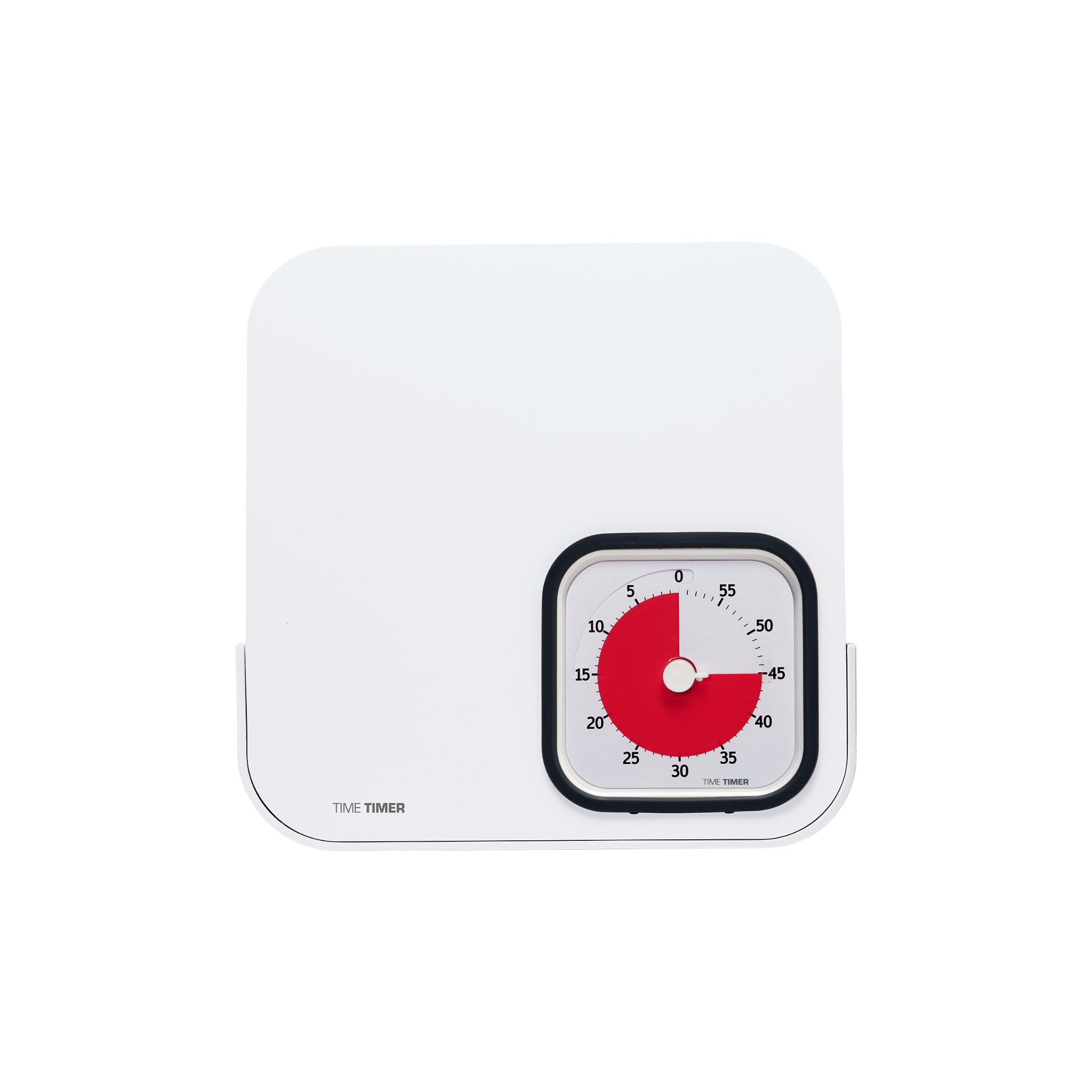 The Time Timer MOD with Whiteboard/Dry Erase Board by Time Timer features a square white visual timer with a red 15-minute display, set into the dry erase board’s lower right corner, making time management easy and effective.