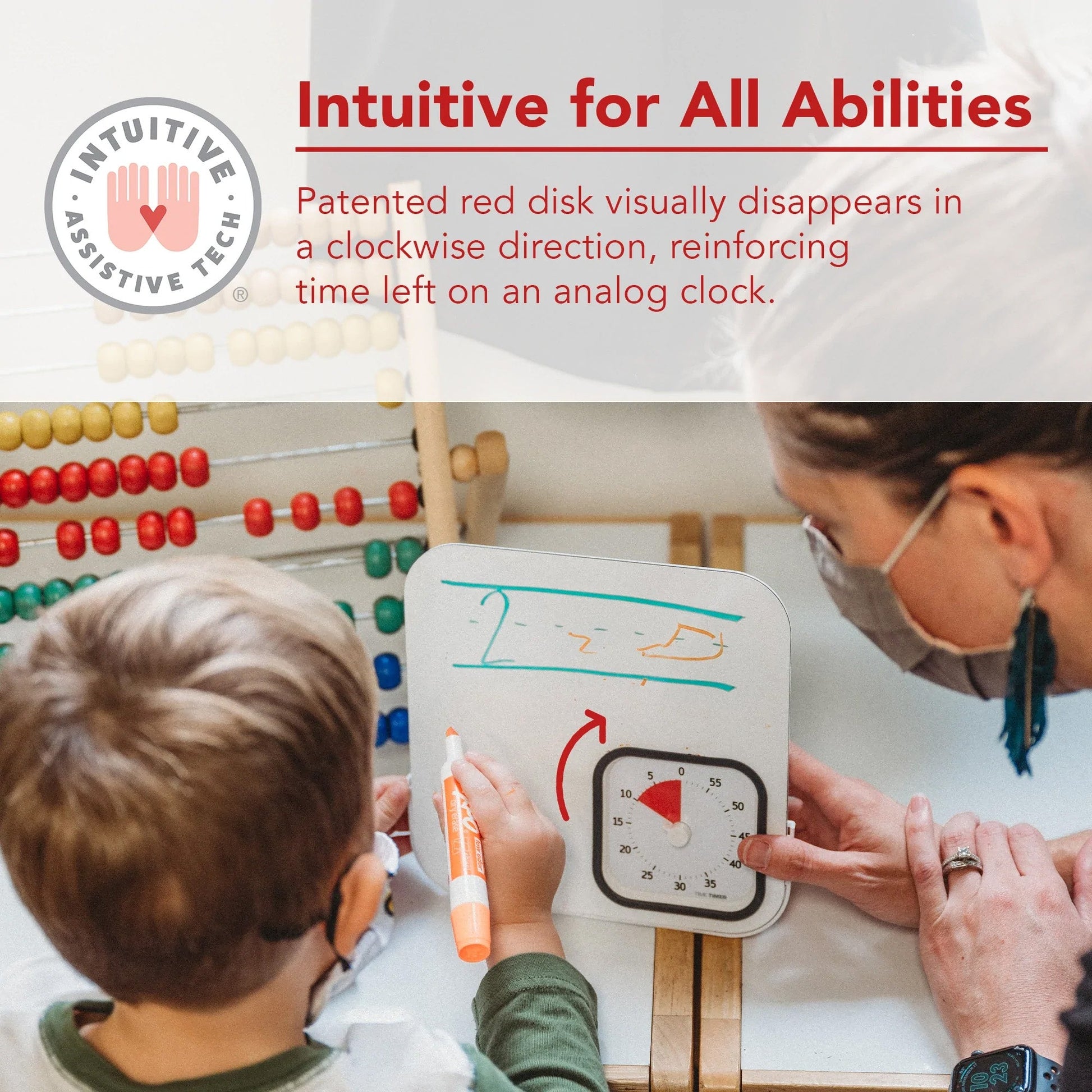 A child and adult, both masked, use the Time Timer MOD with Whiteboard (Magnetic), a 60-minute visual timer by Time Timer. A nearby abacus is visible. Text highlights it as a time management tool for all abilities.