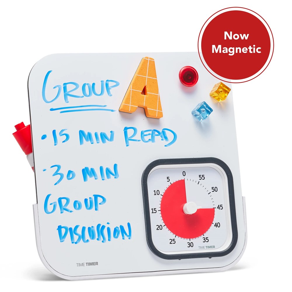 The Time Timer MOD with Whiteboard/Dry Erase Board (Magnetic) by Time Timer features a 60-minute visual timer, a magnetic board showing "Group A," "15 min read," and "30 min group discussion," plus space for LEGO bricks—a smart time management tool.