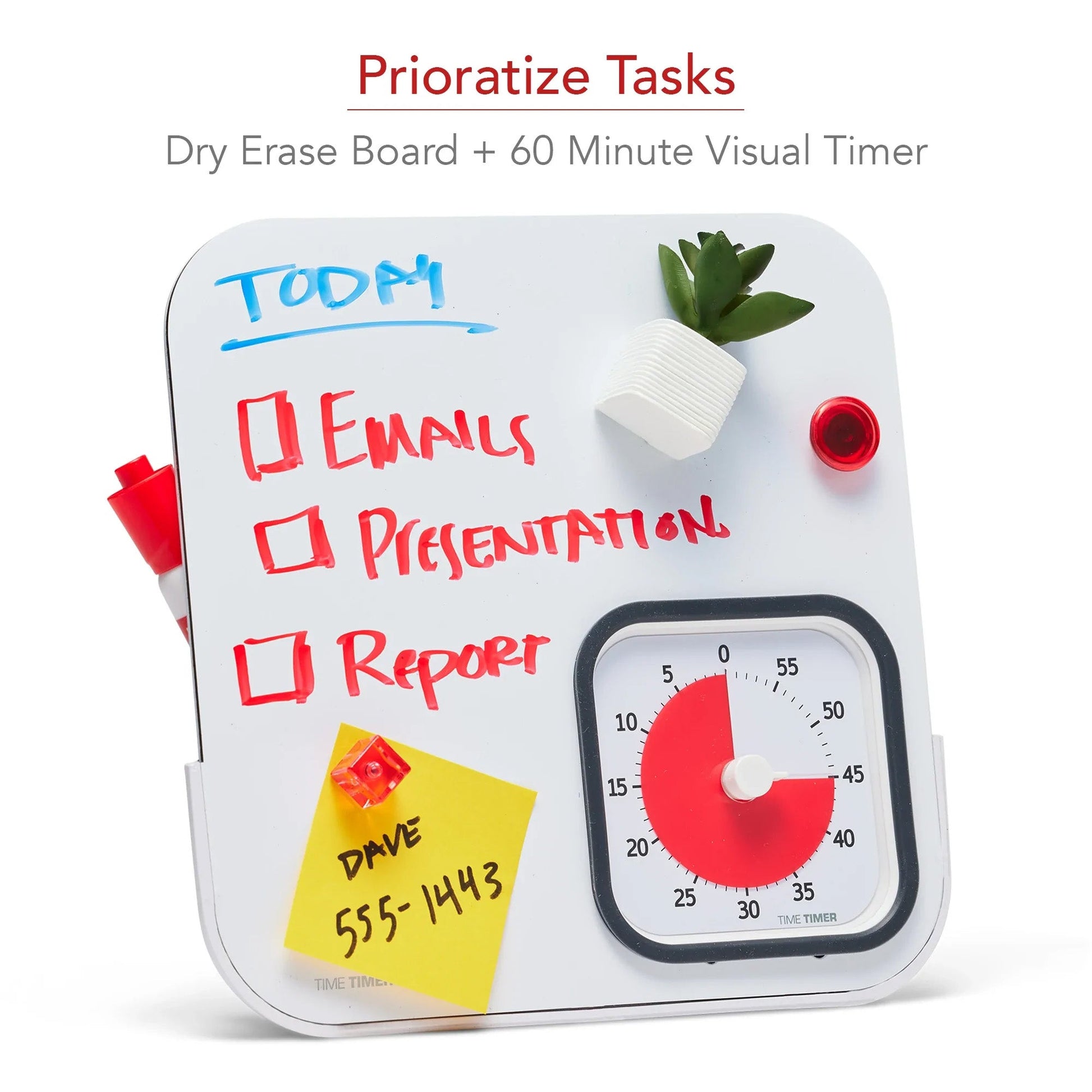 The Time Timer MOD with Whiteboard by Time Timer is a magnetic 60-minute visual timer and dry erase board with checkboxes for tasks—ideal for time management. Includes red markers, a small plant, and a sticky note: DAVE 555-1443.