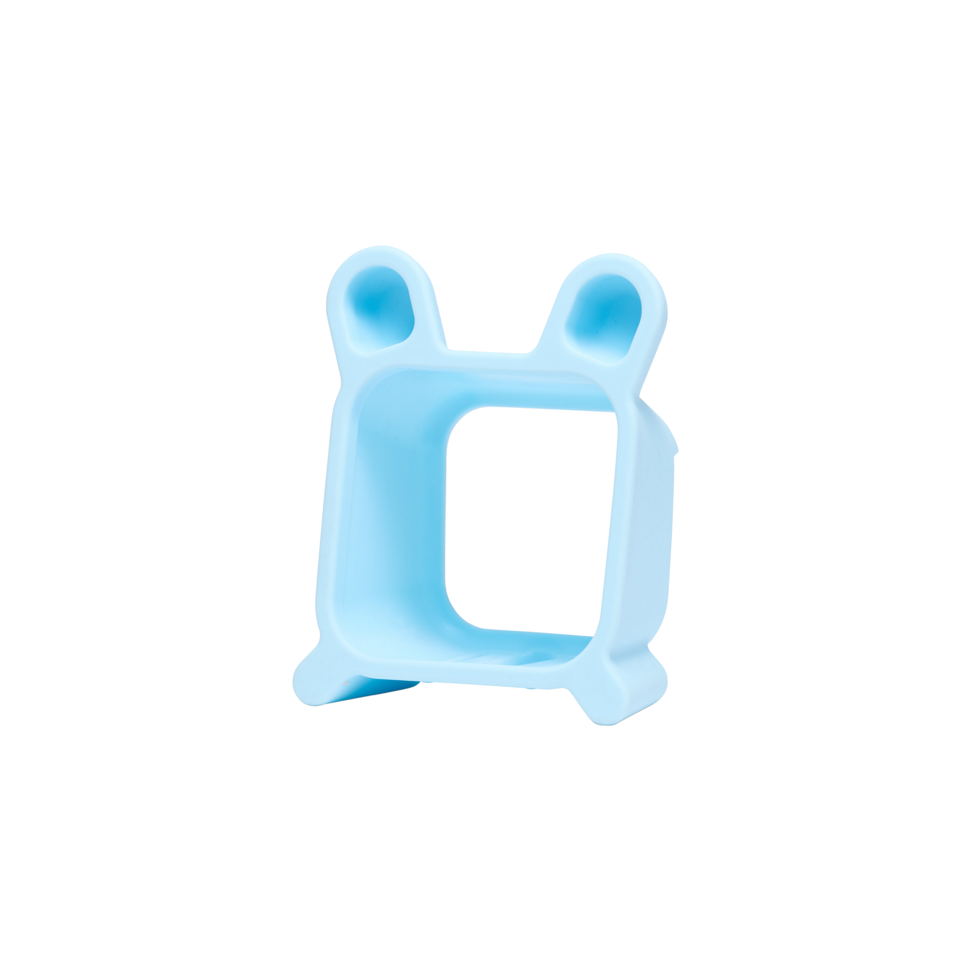 The Time Timer MOD Cover Silicone Case Accessory by Time Timer is a light blue, square silicone cover with two rounded top protrusions and small feet-like extensions at the bottom, resembling a simple cartoon character on a white background.