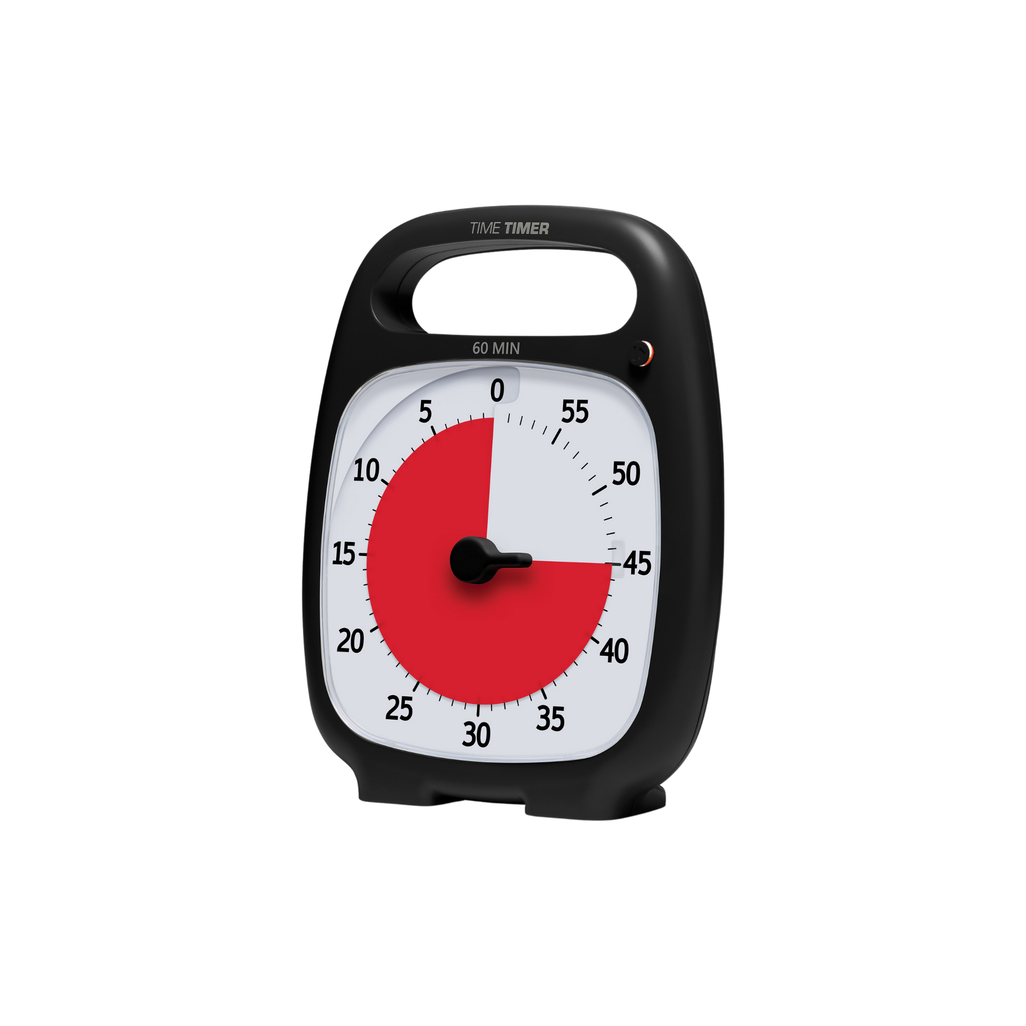 The Time Timer Plus (60 min) by Time Timer is a black visual timer with a handle, displaying 35 minutes in red. Designed for time management, it stands upright on a white background and has a dial ranging from 0 to 60 minutes.