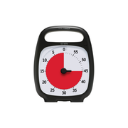 The Time Timer Plus (60 Min) [Charcoal] by Time Timer stands upright with a handle, showing 25 minutes left as a red section from 0 to 25 on its black and white face.