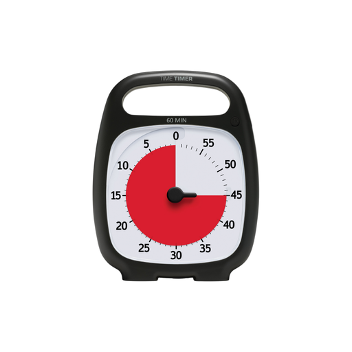 The Time Timer Plus (60 Min) [Charcoal] by Time Timer stands upright with a handle, showing 25 minutes left as a red section from 0 to 25 on its black and white face.
